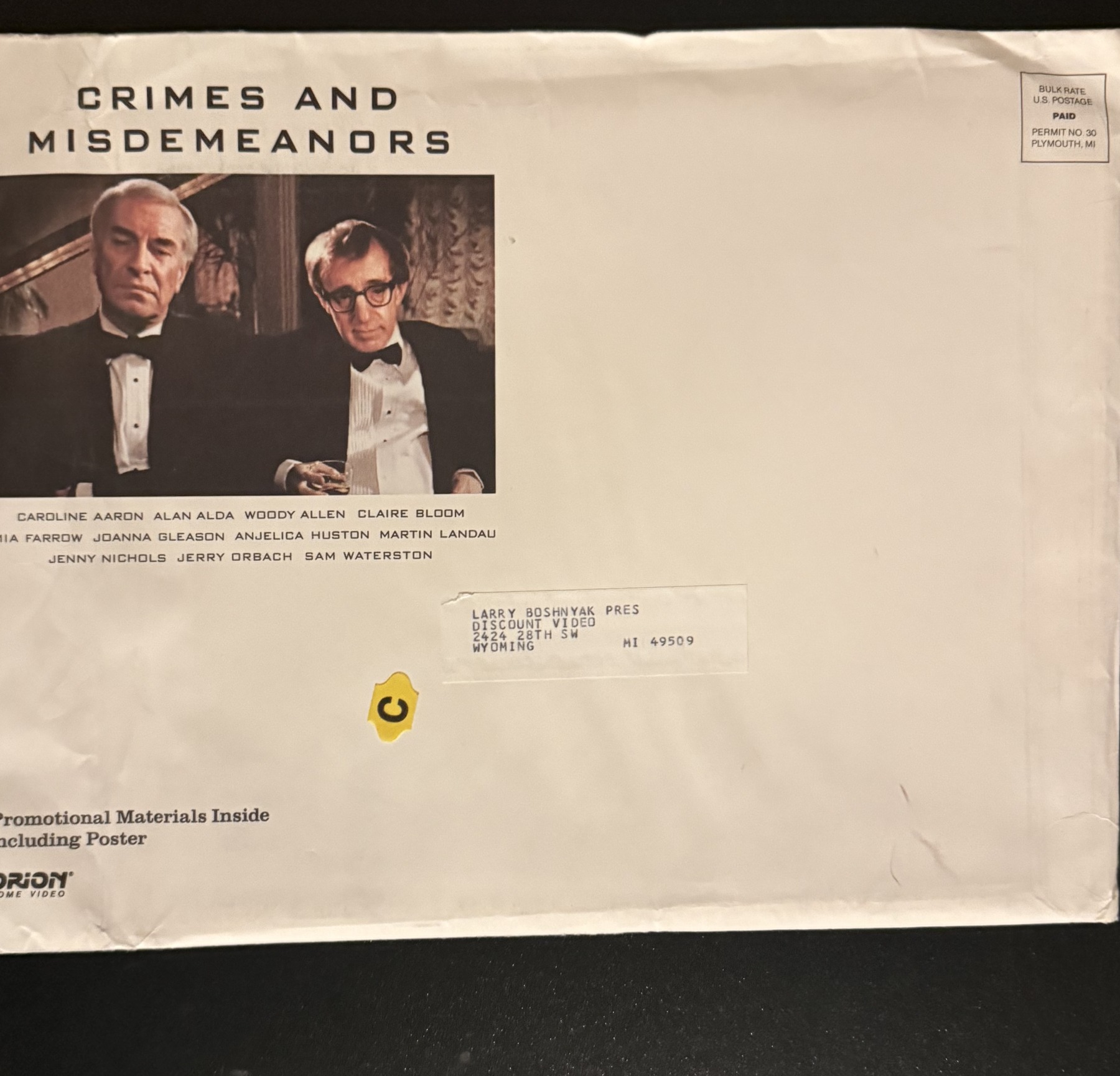 Actual Crimes and Misdemeanors - Orion Home Video promotional materials envelope front photograph