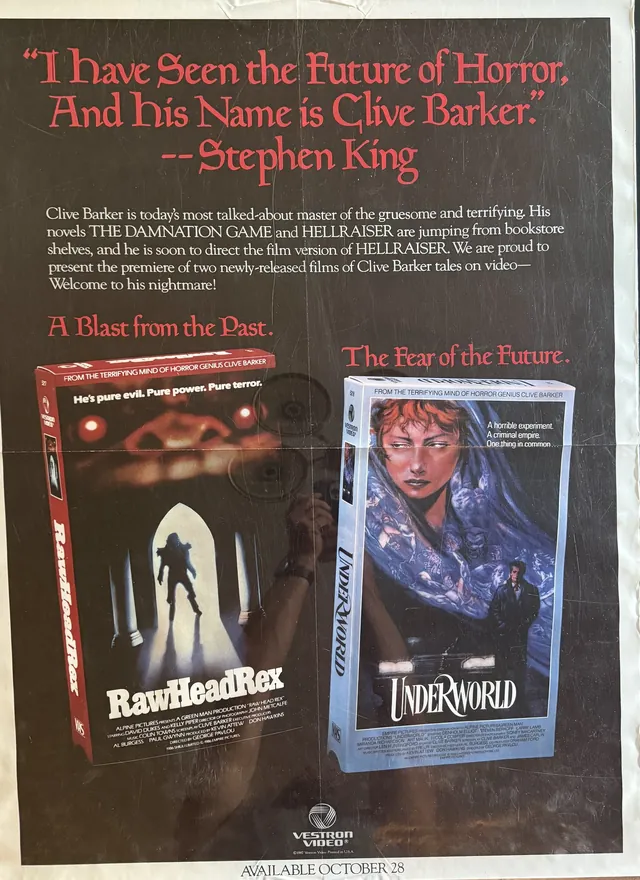 Actual Rawhead Rex / Underworld — Vestron Video Clive Barker promotional poster front photograph